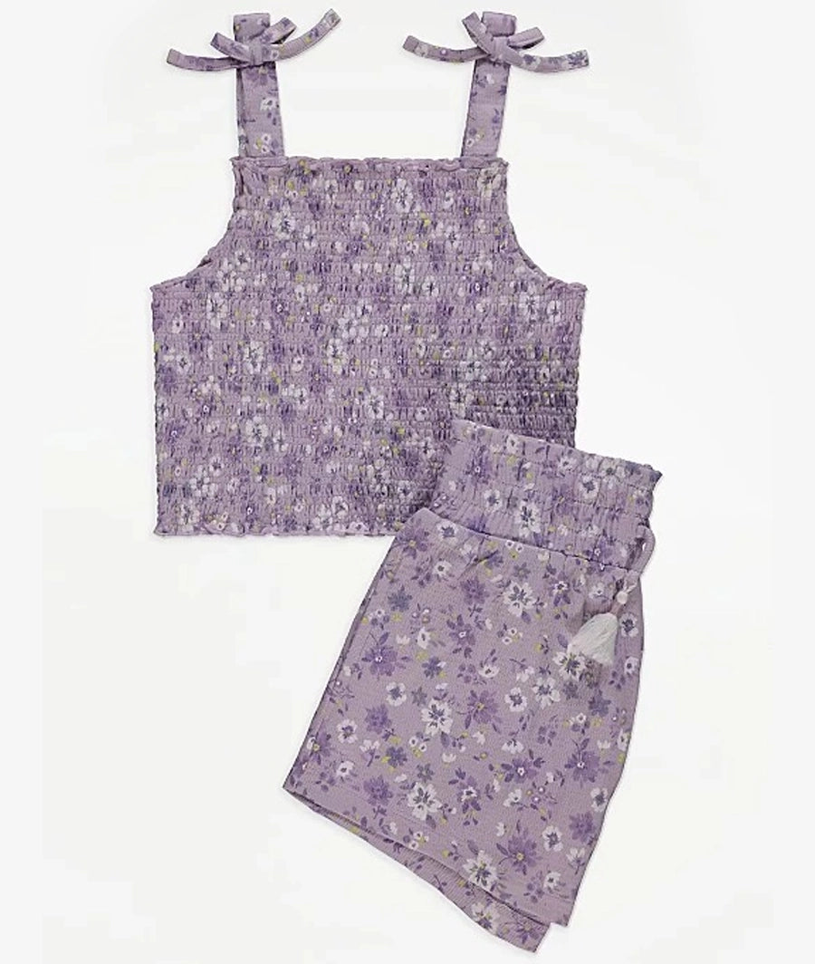 Purple Floral Shirred Cami Top and Shorts Outfit