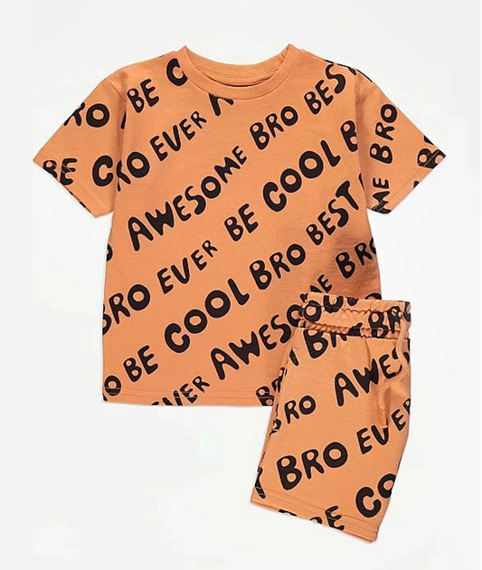 Orange Cool Bro Slogan T-Shirt and Shorts Outfit