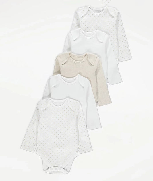 White Mini Triangle Long Sleeve Bodysuits 5 Pack