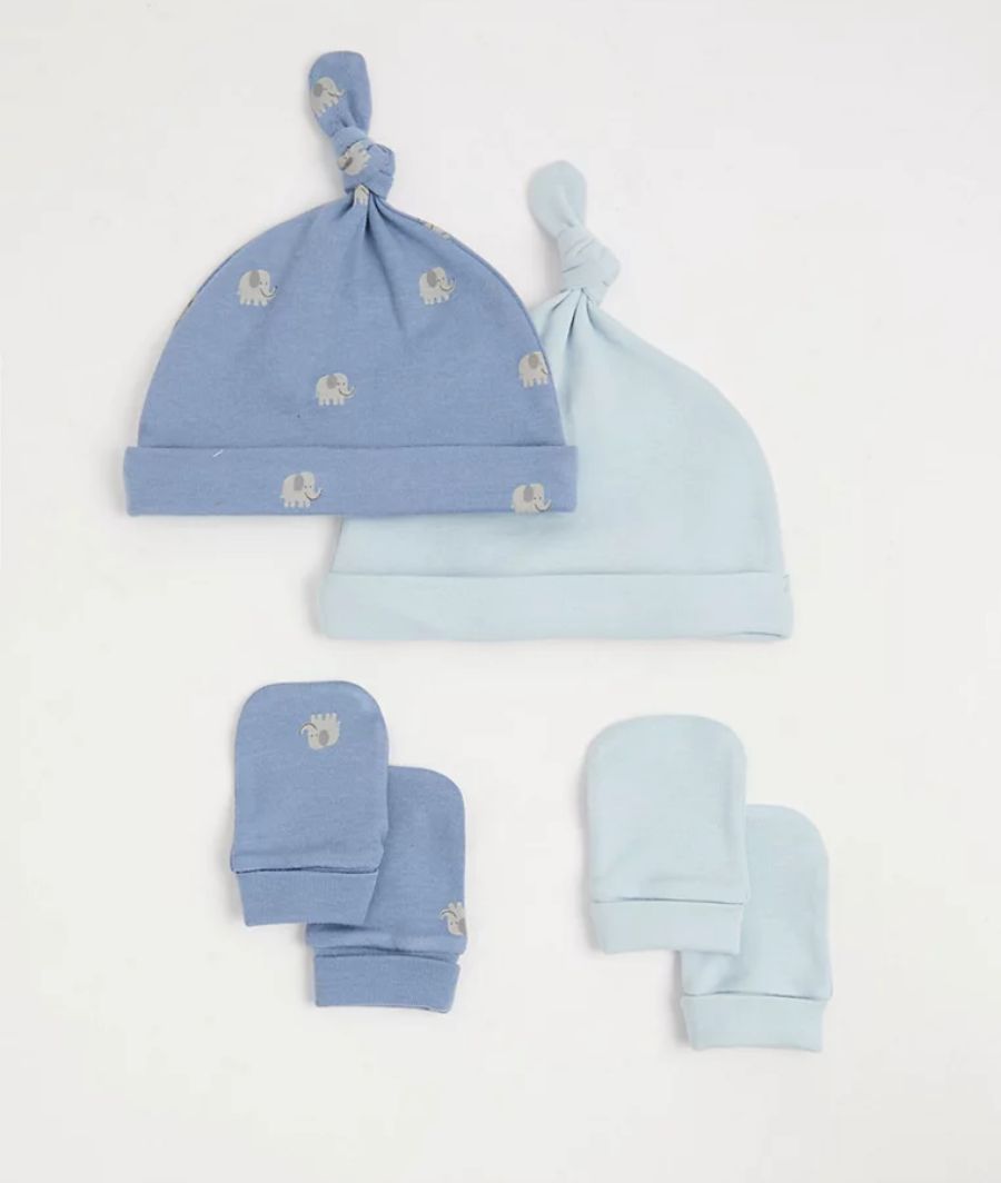 Blue Elephant Newborn Hats and Mittens 2 Pack