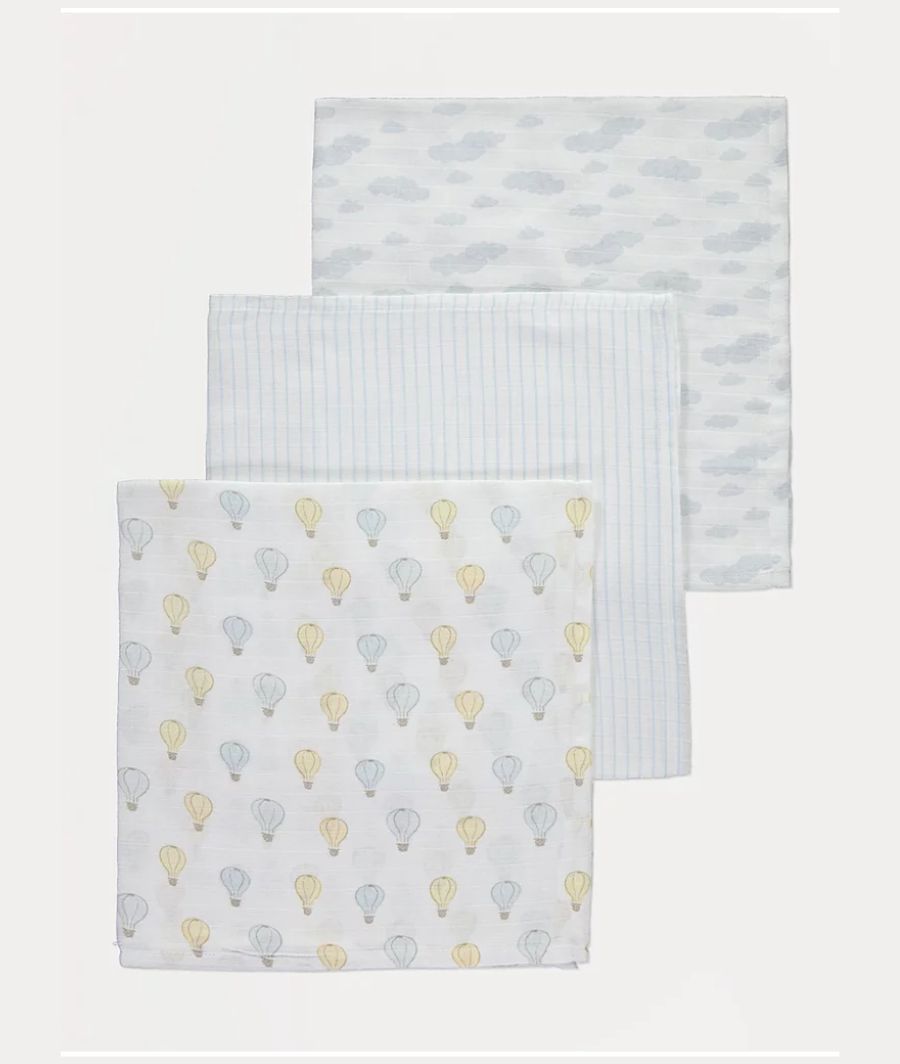 White Hot Air Balloon Muslin Squares 3 Pack