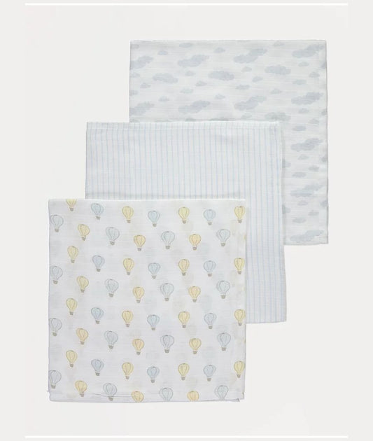 White Hot Air Balloon Muslin Squares 3 Pack