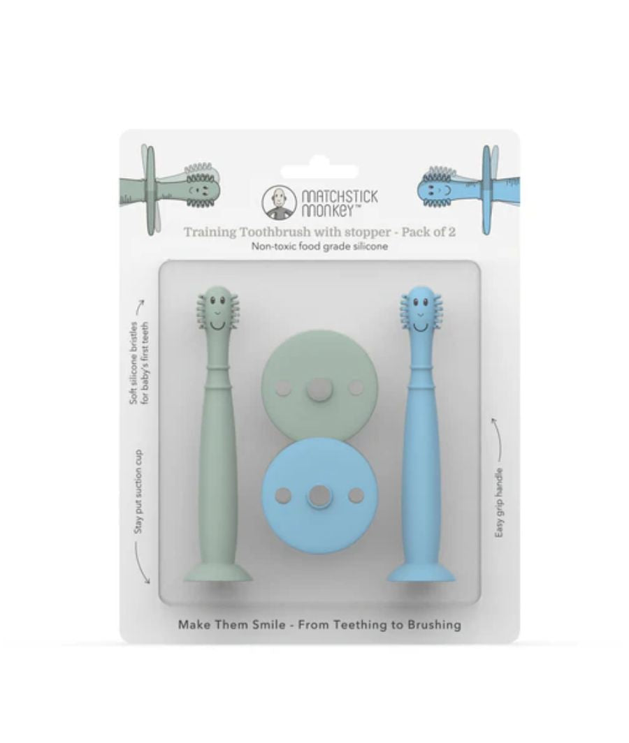 Mint Green and Light Blue Training Toothbrush with Stopper 3 months