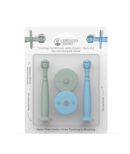 Mint Green and Light Blue Training Toothbrush with Stopper 3 months