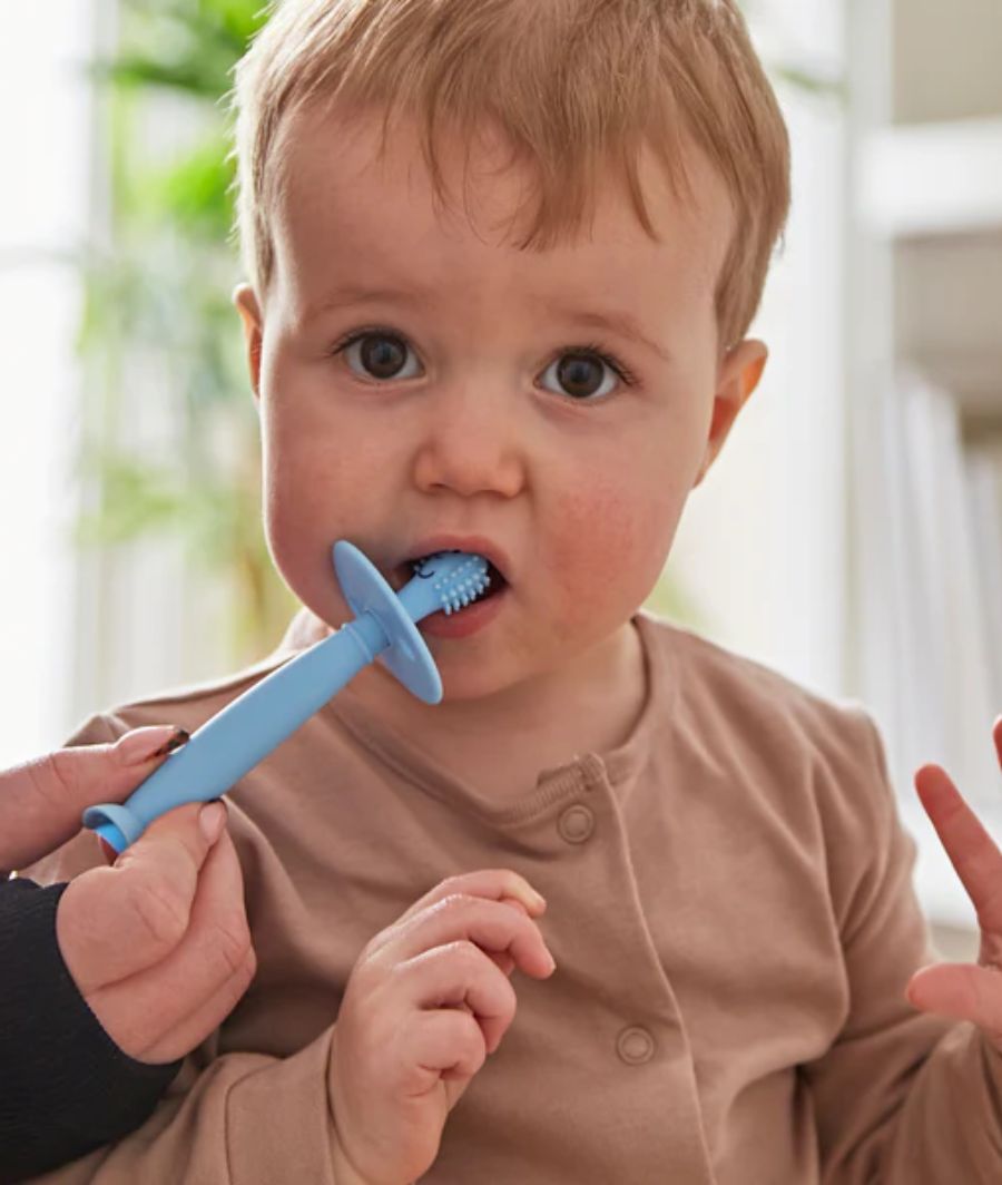 Mint Green and Light Blue Training Toothbrush with Stopper 3 months – Image 2