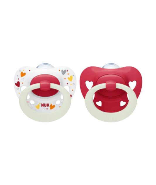 NUK Glow in The Dark Signature Night Silicone Soother 2 Pack - Red/Hearts 6-18 month