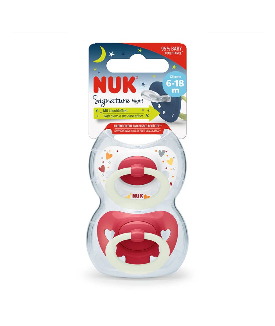 NUK Glow in The Dark Signature Night Silicone Soother 2 Pack - Red/Hearts 6-18 month – Image 2