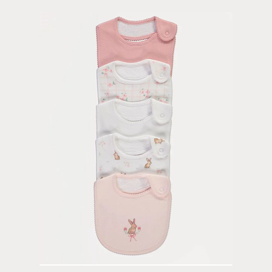 Mummy Daddy Pink Bunny Rabbit Floral Bibs 5 Pack
