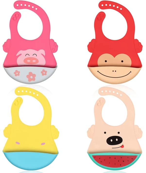 4 Pack Silicone Bibs for Babies, Waterproof Soft Baby Bibs with Roll Up Food Catcher