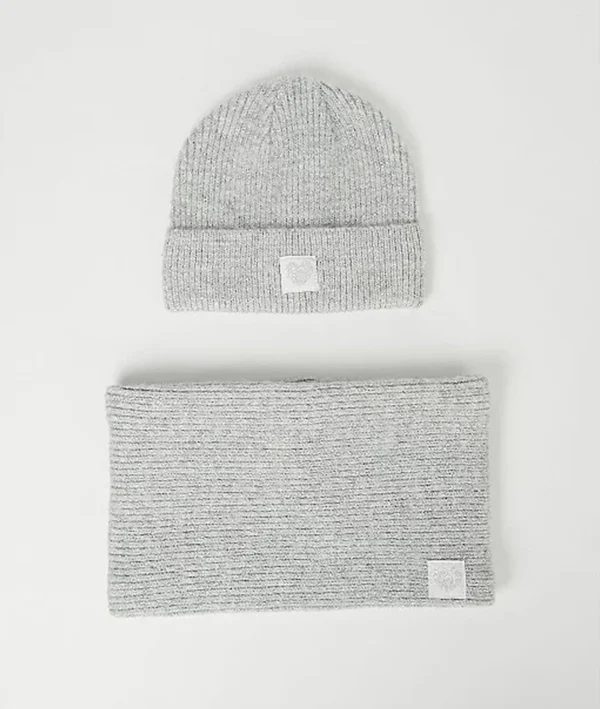 Grey Rib Knit Beanie Hat and Snood, one size