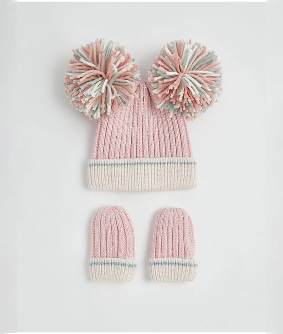 Pink Shimmer Double Pom Pom Knitted Hat and Mittens Set