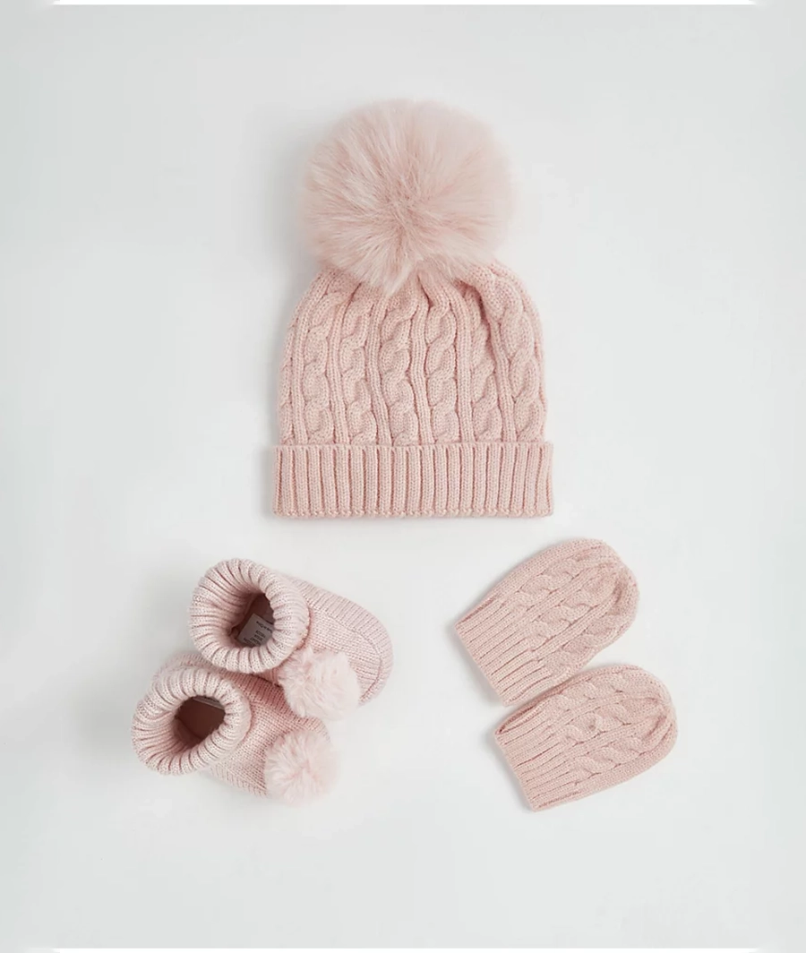 Pink Knit Bobble Hat Booties and Mittens Set