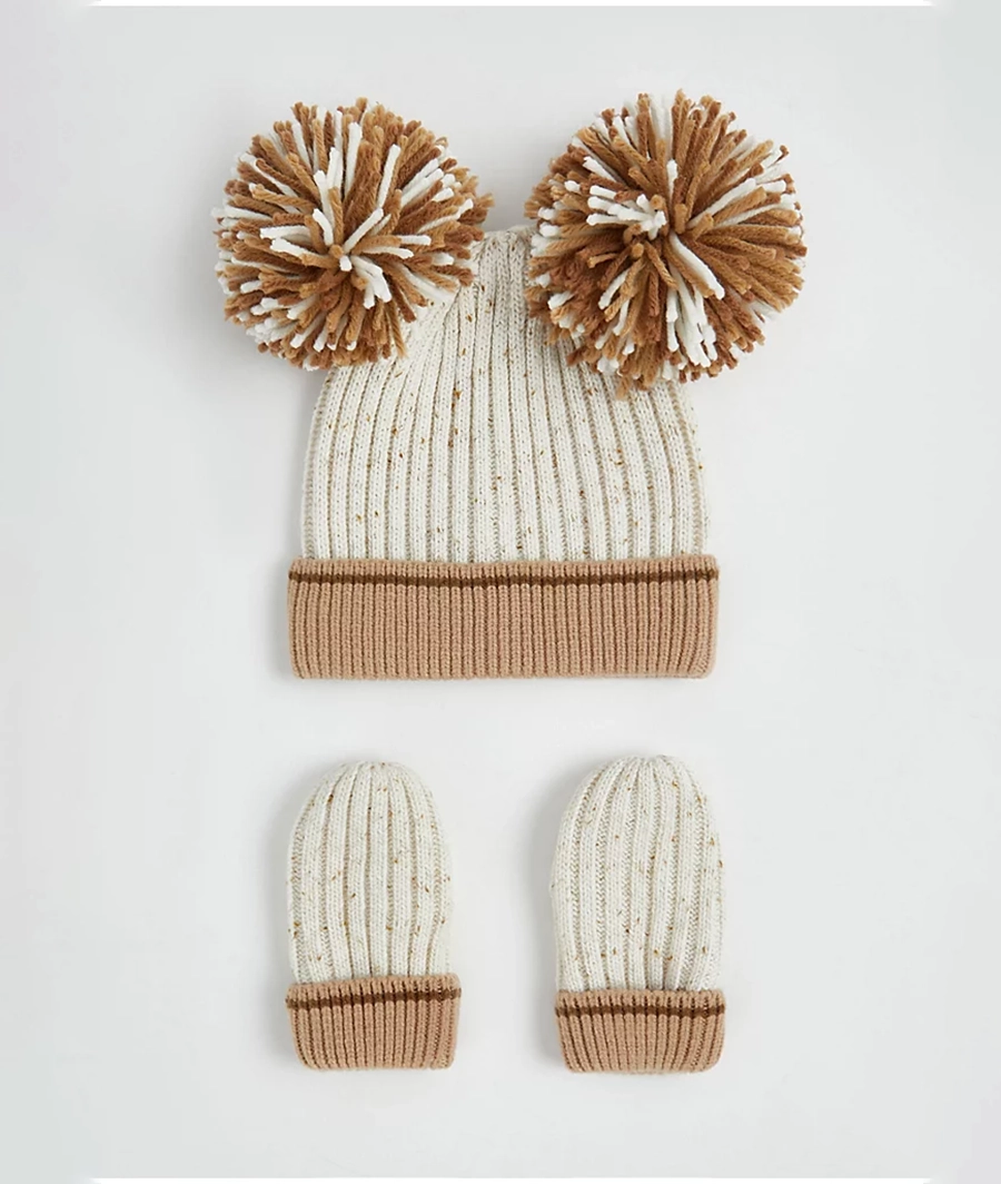 Neutral Colour Block Pom Pom Hat and Mittens Set