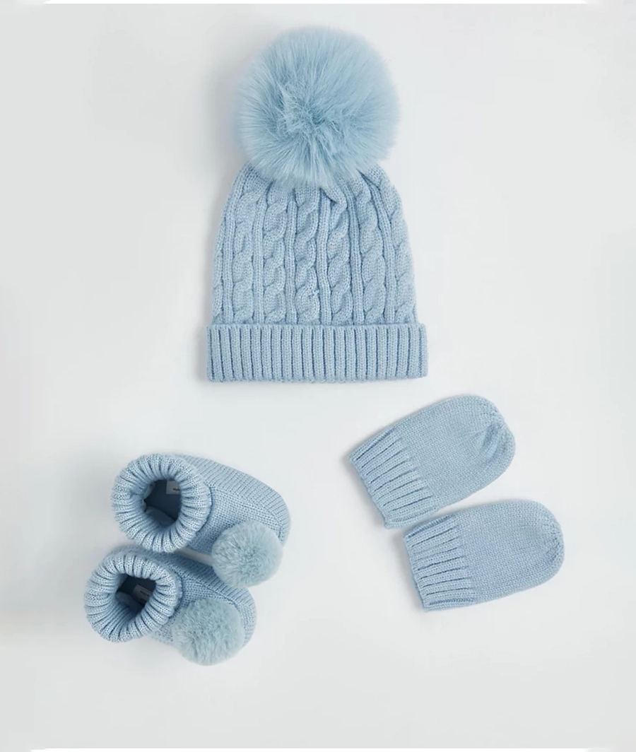 Light Blue Bobble Hat Booties and Mittens Set