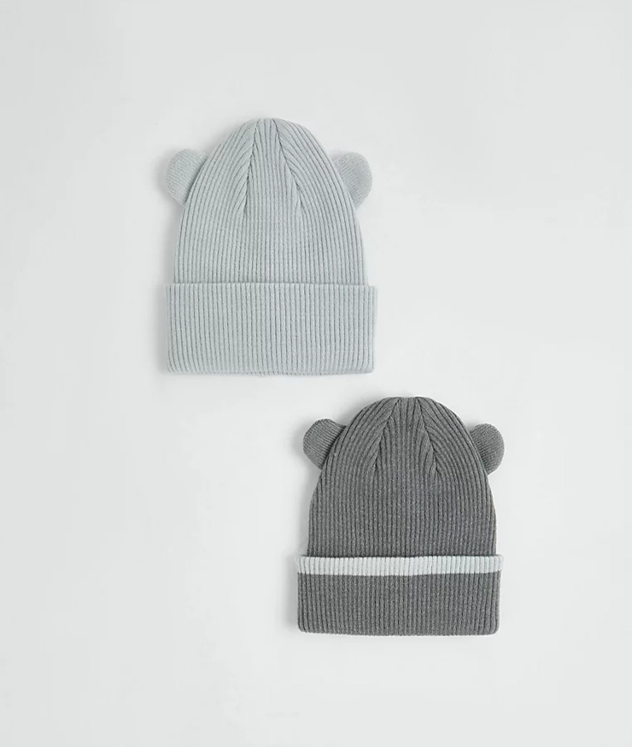 Grey 3D Ear Knitted Beanie Hats 2 Pack