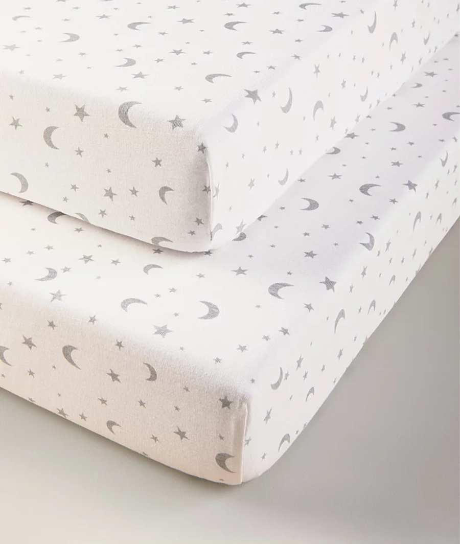 Kids Moon and Stars Fitted Sheets - Set of 2 (96cm x 67cm x 18cm)